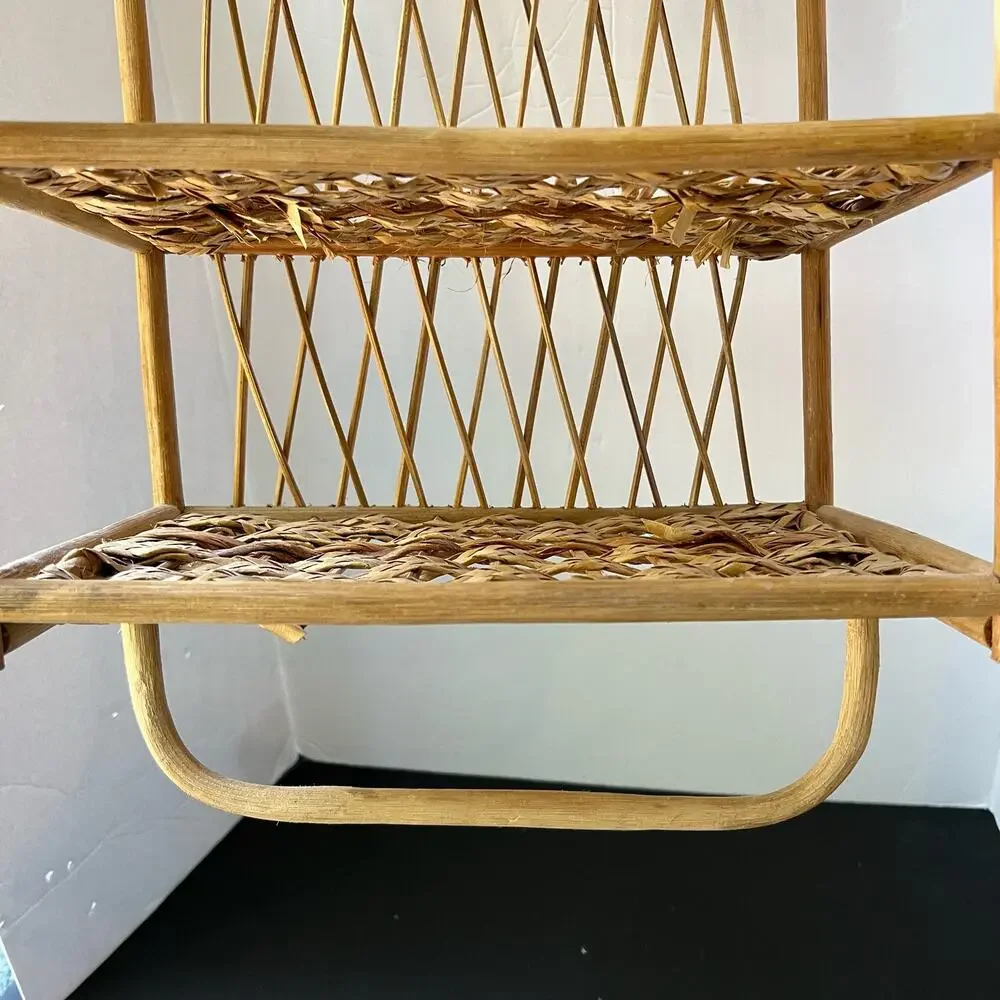 Vintage Wicker Rattan Wall Cabinet Shelf Hanging Bathroom Boho MCM Folding Towel